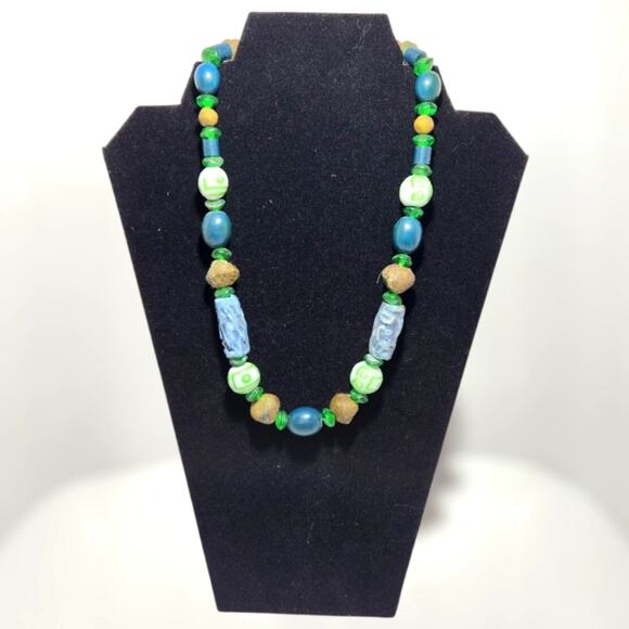 Tibetan Ceramic Green and Blue Glass & Terracotta Clay Beaded Necklace - Picture 1 of 8